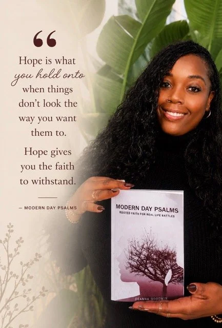 Modern Day Psalms by Deanna Goodwin displayed beside an inspirational quote and dried florals in a warm, nautral setting.