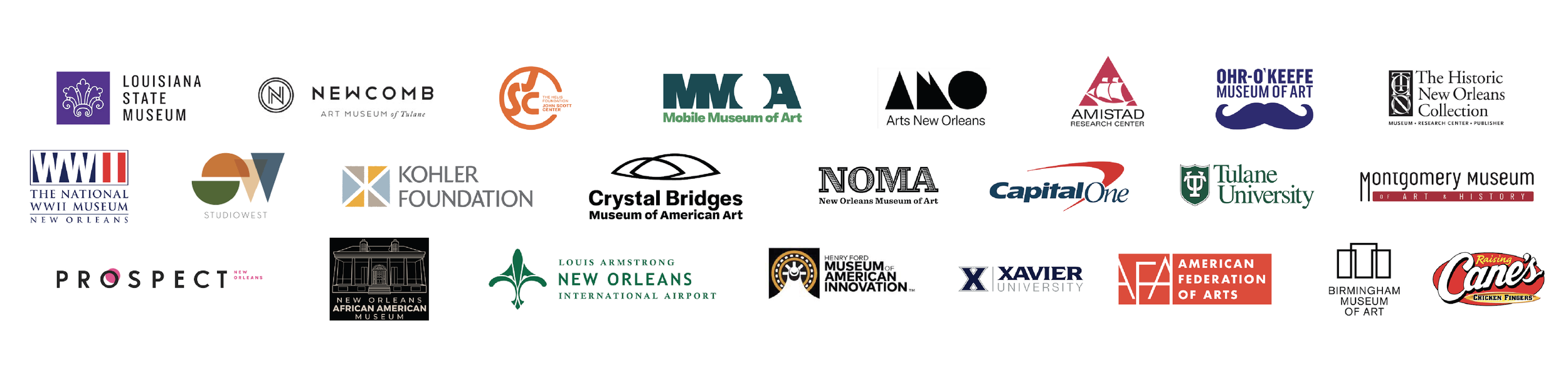 Collection of logos from various museums, universities, and organizations, including Louisiana State Museum, Newcomb Art Museum, Mobile Museum of Art, Arts New Orleans, Museum of Art of Tulane University, and the Historic New Orleans Collection.