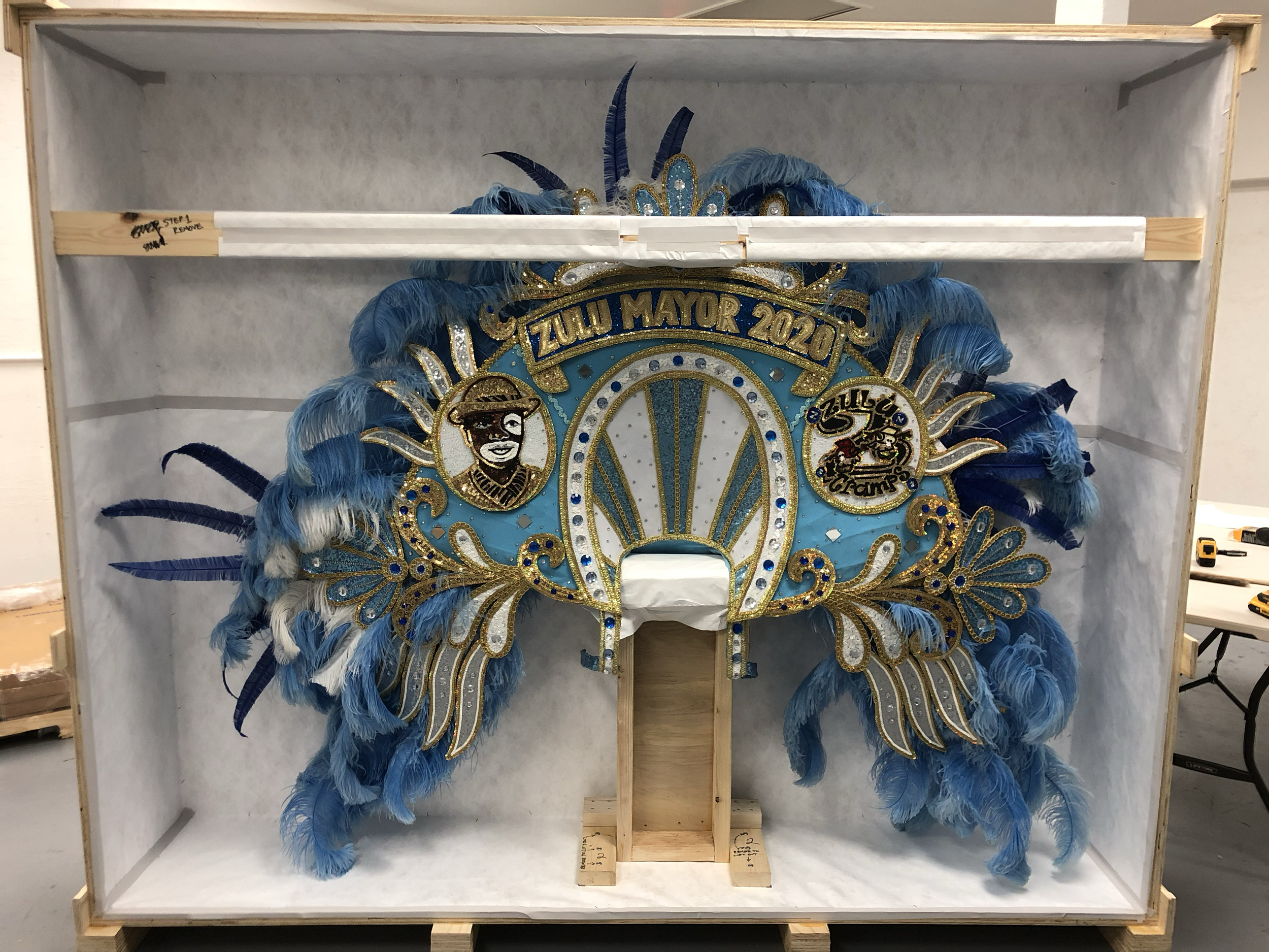 A large, ornate Mardi Gras float decorated with blue, gold, and white feathers, sequins, and a sign that reads 'ZULL MAYOR 2020' surrounded by illustrations of a woman and a pirate.