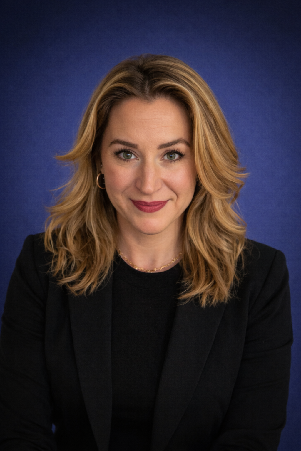 A woman with shoulder-length blonde hair, green eyes, and makeup, smiling in a black blazer against a blue background.