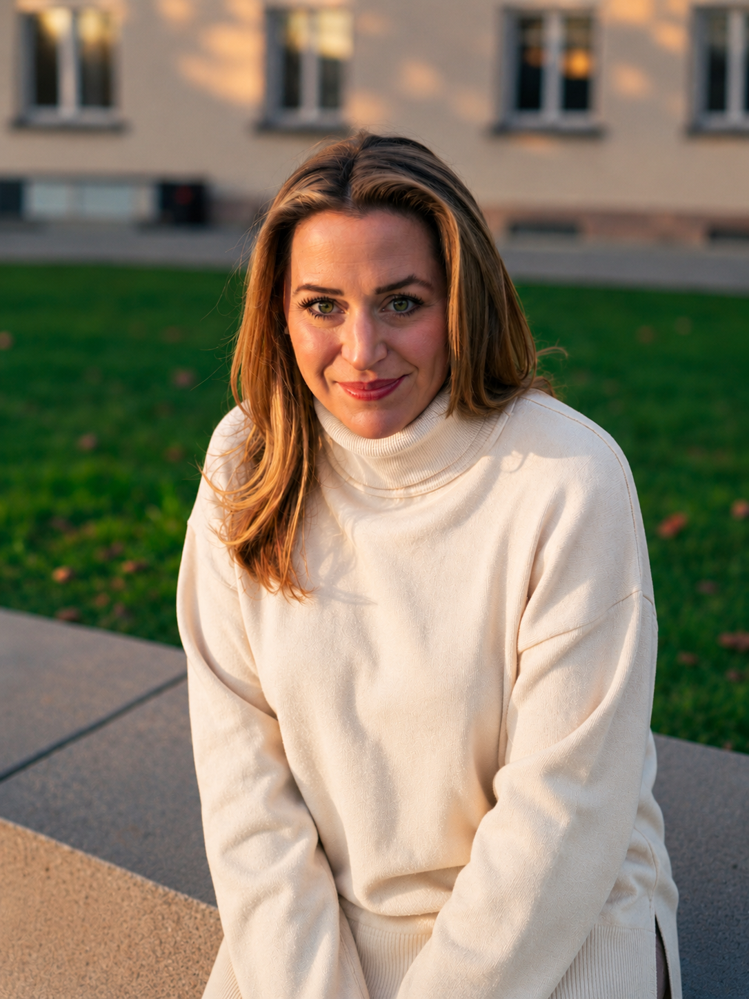 A woman with light brown hair and blue eyes sitting on a concrete bench outdoors, wearing a cream-colored turtleneck sweater, with a building and green grass in the background during sunset.