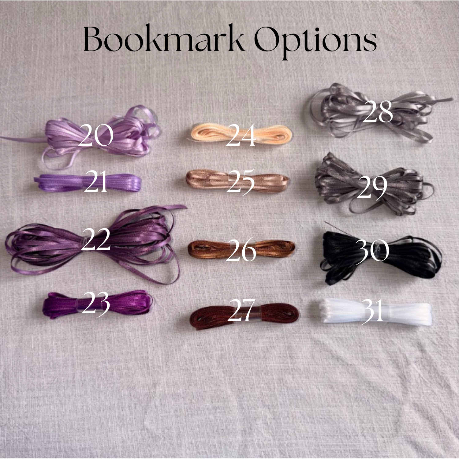 A collection of colorful ribbon bows arranged in 4 rows with labels, on a light fabric background, titled 'Bookmark Options'.