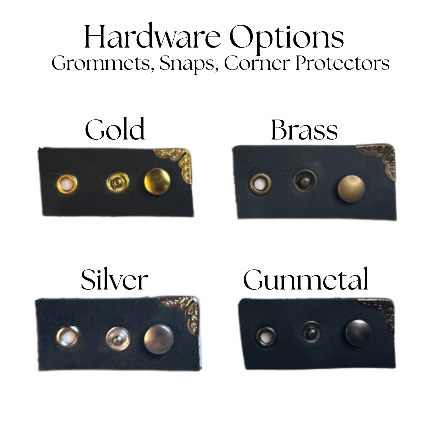 Display of different types of hardware options including grommets, snaps, and corner protectors in gold, brass, silver, and gunmetal finishes.