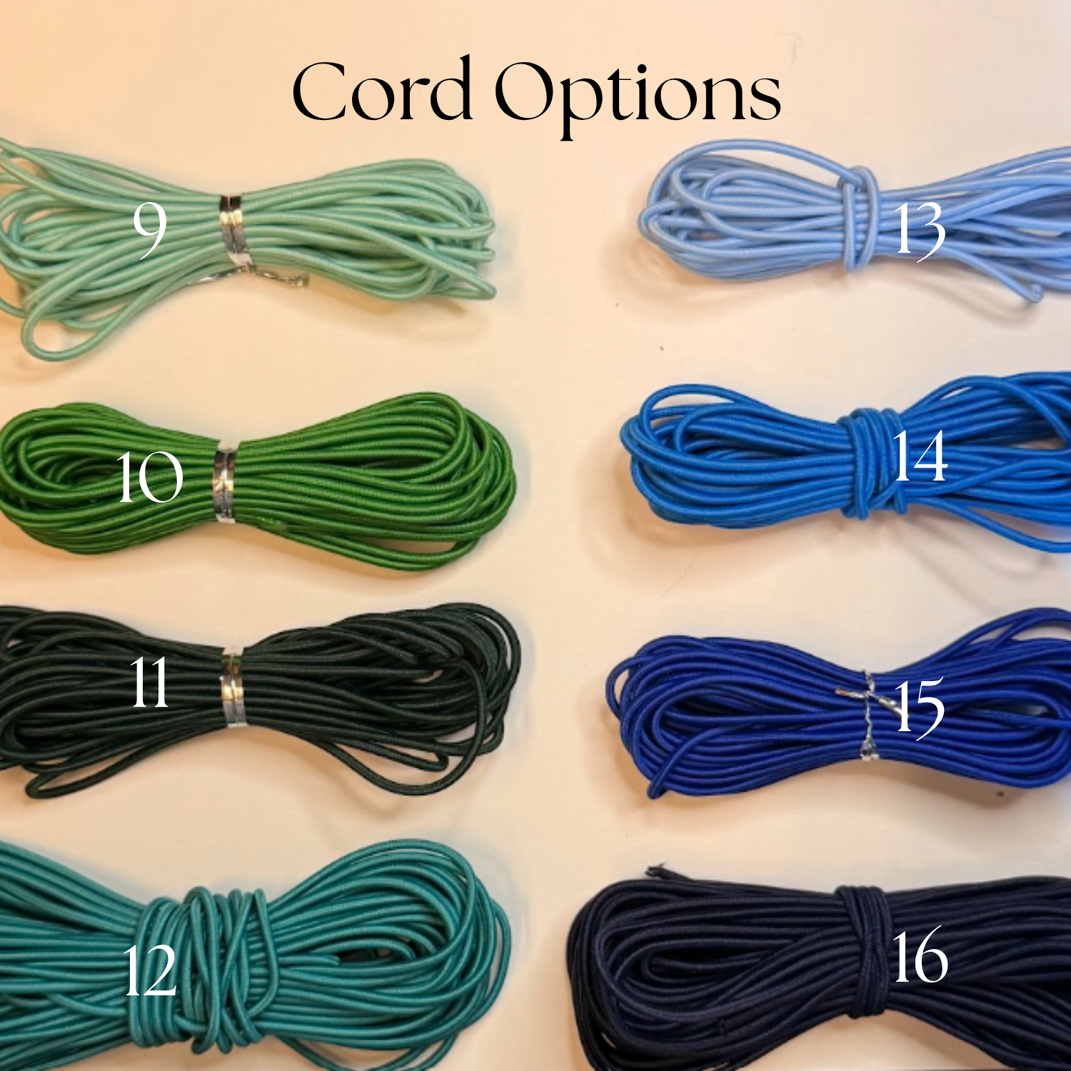 Multiple bundles of colored cords arranged on a surface, labeled with numbers 9, 10, 11, 12, 13, 14, 15, and 16, with the phrase 'Cord Options' at the top.