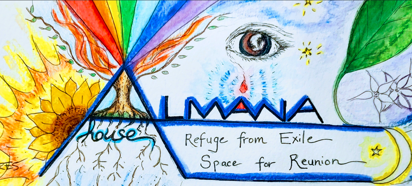 Colorful hand-drawn mural featuring a rainbow, a tree, a sunflower, a large eye, a leaf, and a planet, with text reading 'ALMANA House,' and 'Refuge from Exile, Space for Reunion.'