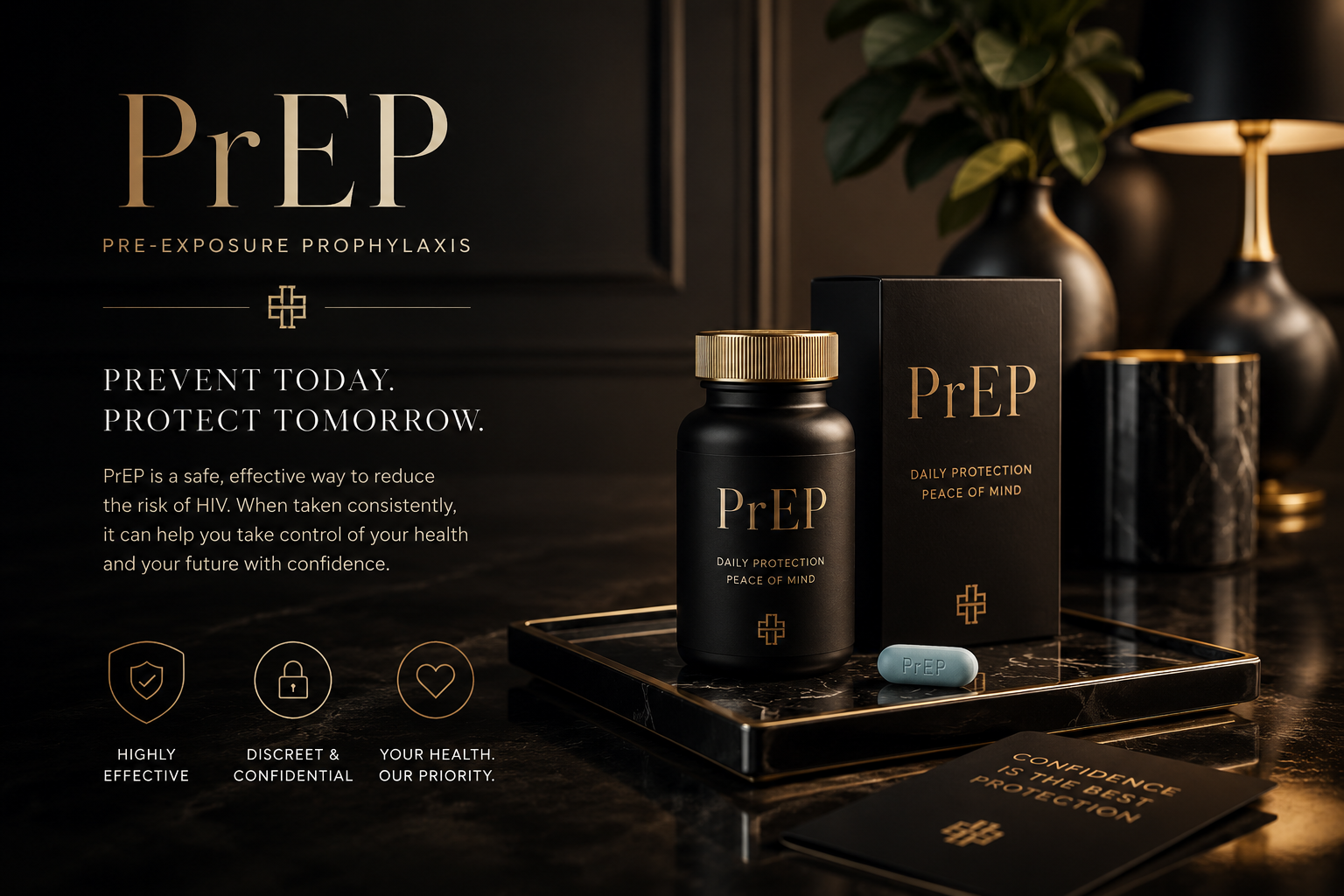 Black bottle and packaging of PrEP medication placed on a marble tray, with a pill labeled 'PrEP' in front. The background features a dark setting with a plant, a table lamp, and decorative vases. Promotional text describes PrEP as a pre-exposure prophylaxis medication for HIV prevention, emphasizing effectiveness, confidentiality, and health priority.