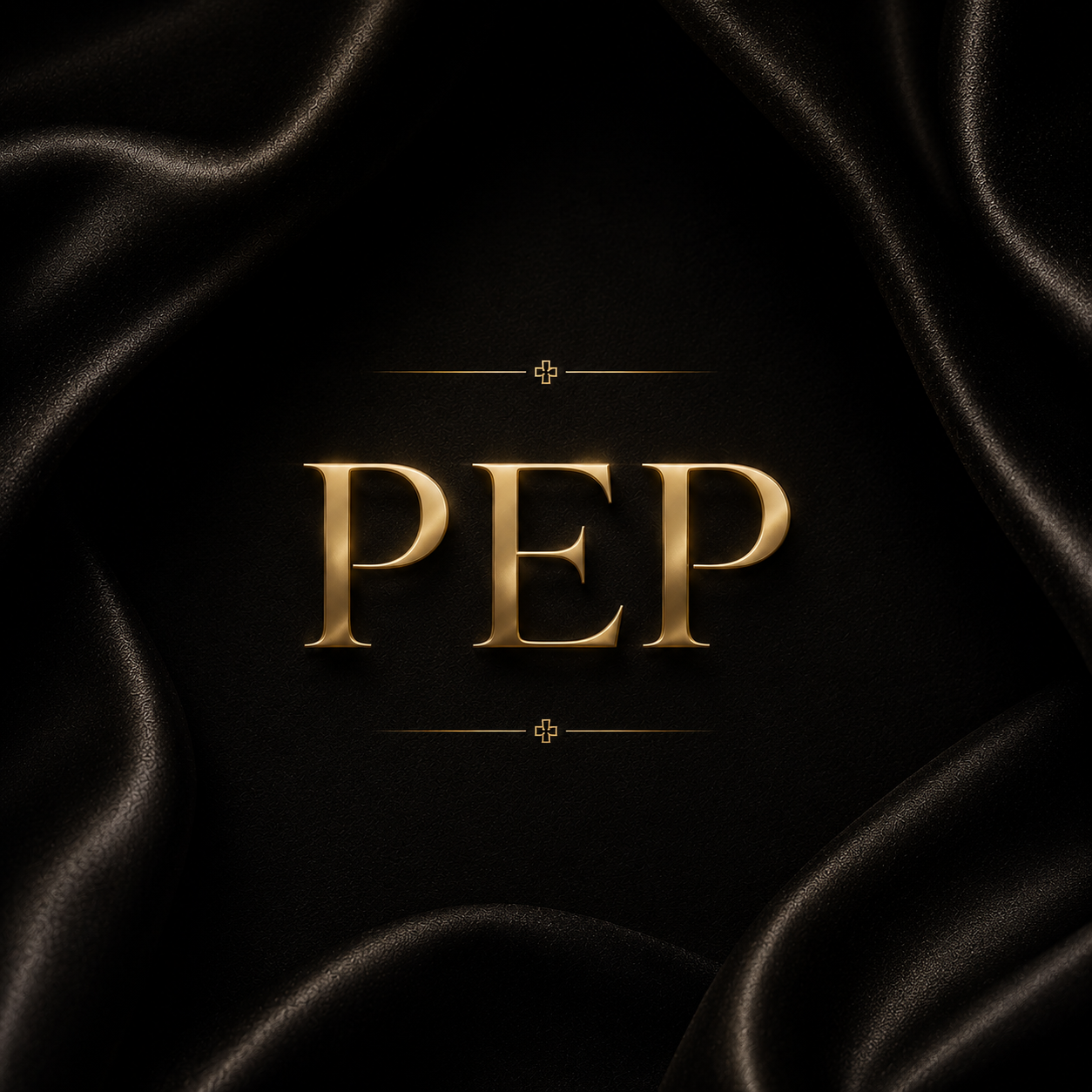 Gold text spelling 'PEP' on a black textured background with flowing black satin fabric surrounding it