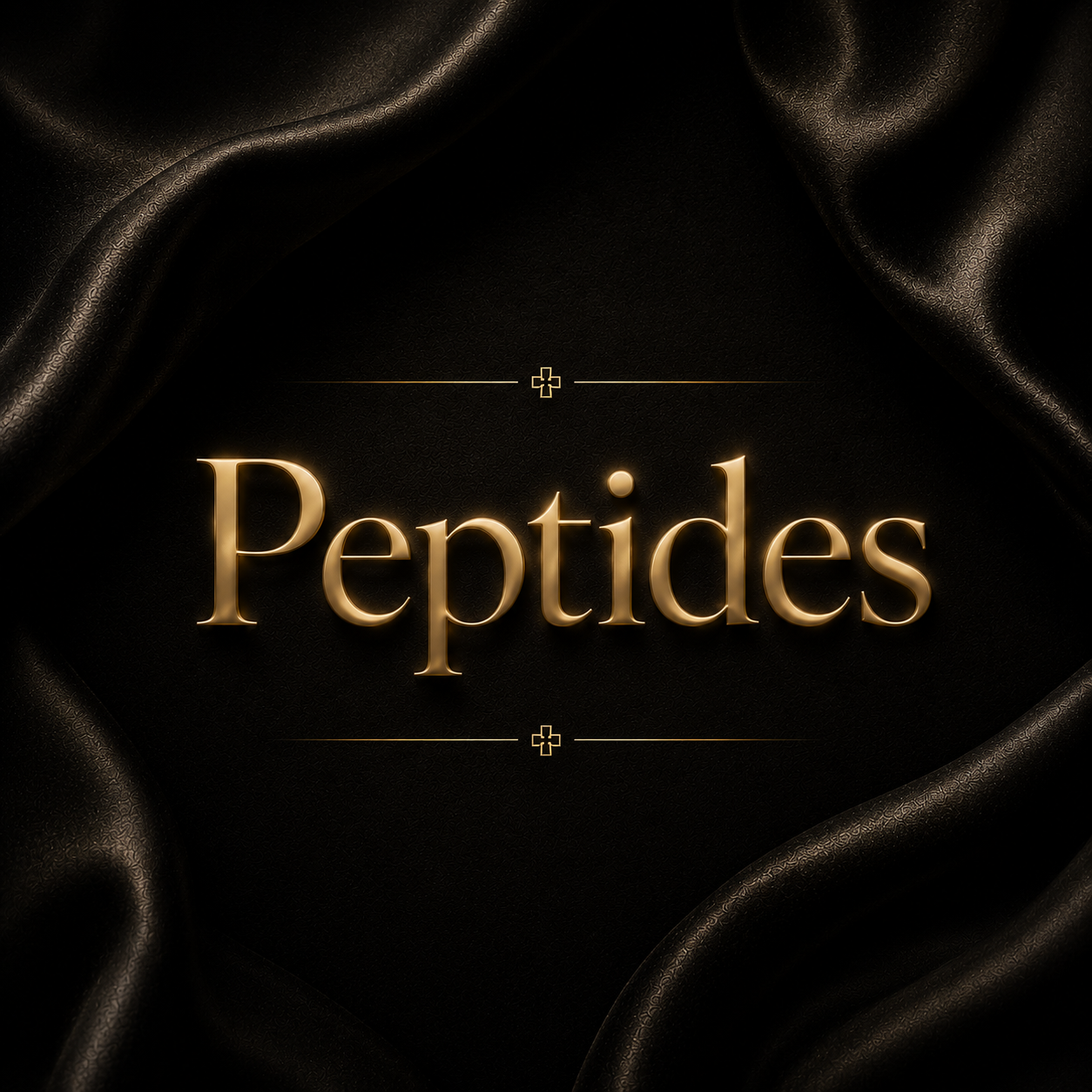 Gold text reading 'Peptides' on a black satin fabric background with elegant design elements.