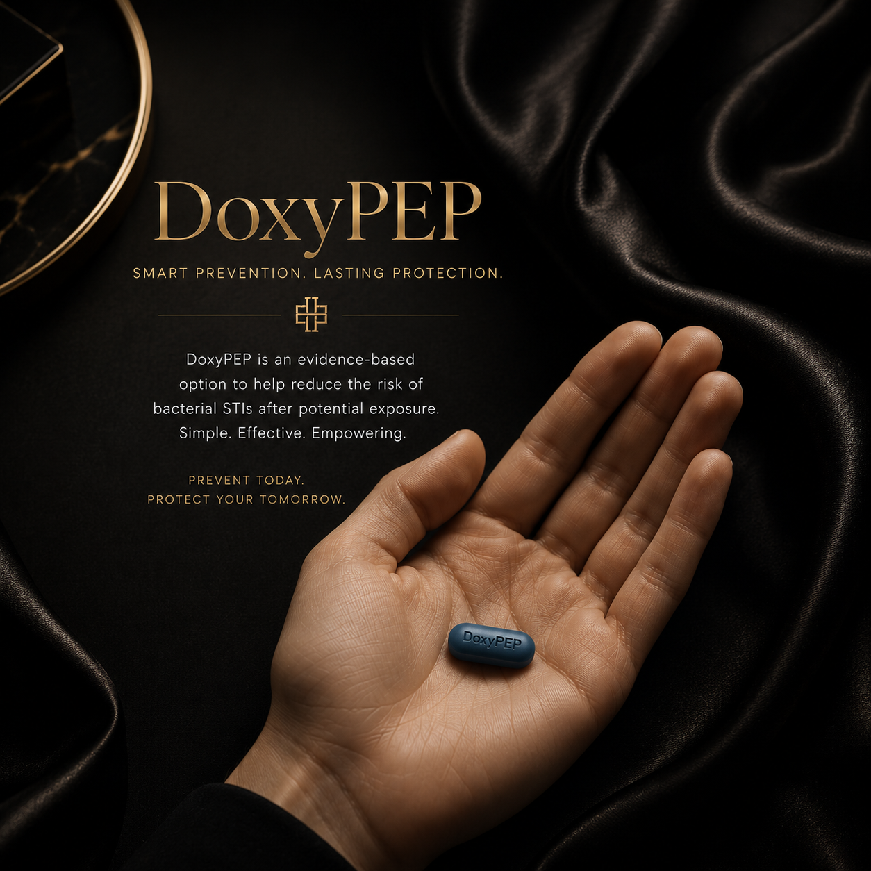 A hand holding a DoxyPEP pill, with a black background and gold and white text about DoxyPEP's role in bacterial STI prevention.