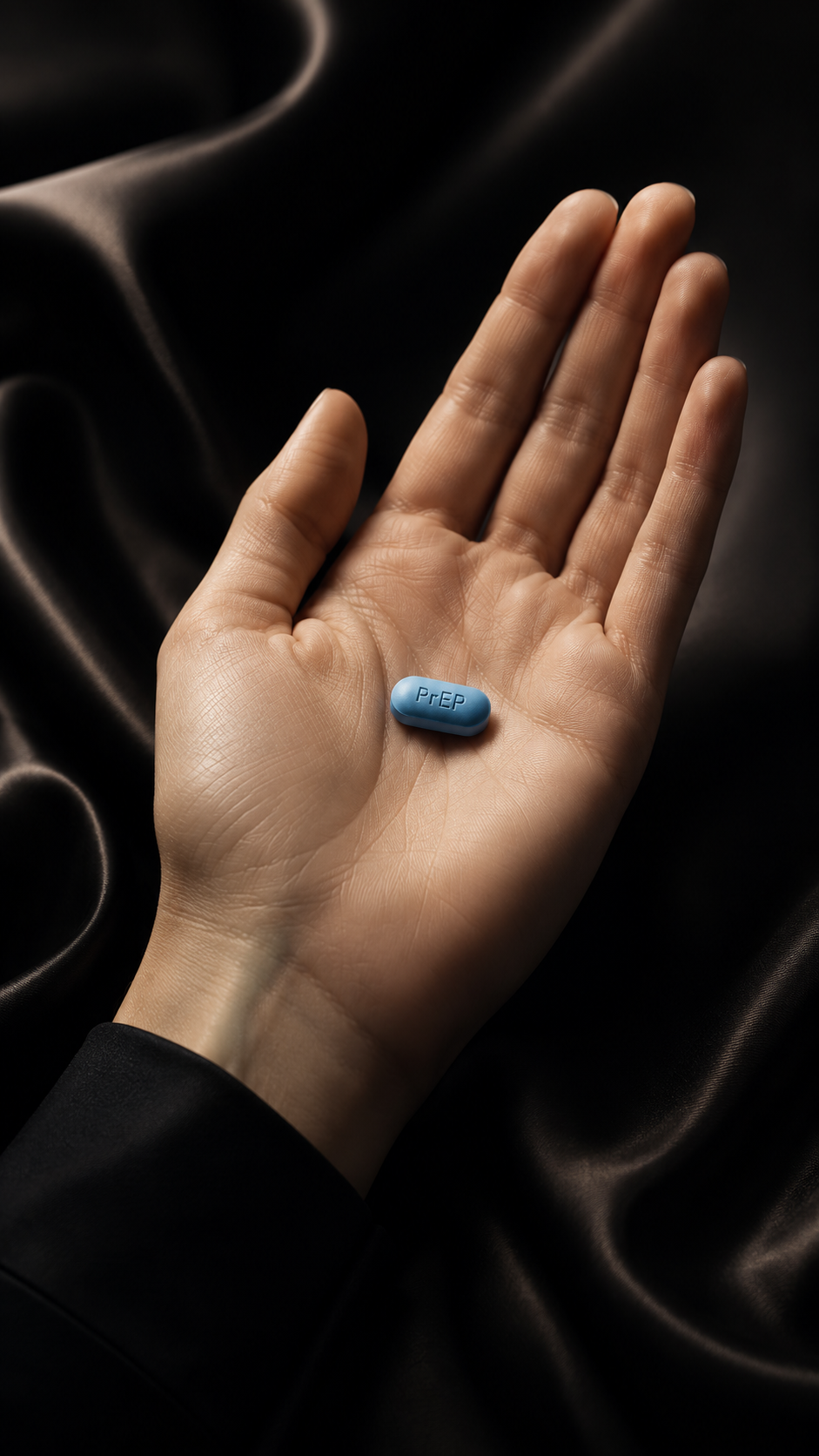 A person's hand holding a blue pill labeled 'PreP' with a dark satin background.