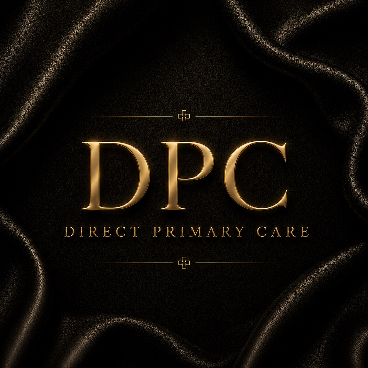 Gold text stating "DPC" and "Direct Primary Care" on a black textured background with satin-like folds.