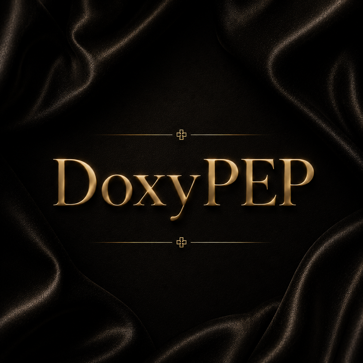 Black satin fabric with gold text reading DoxyPEP, decorated with small gold crosses above and below.