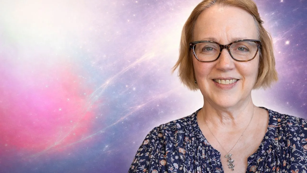 Woman with flowered blouse on cosmic background