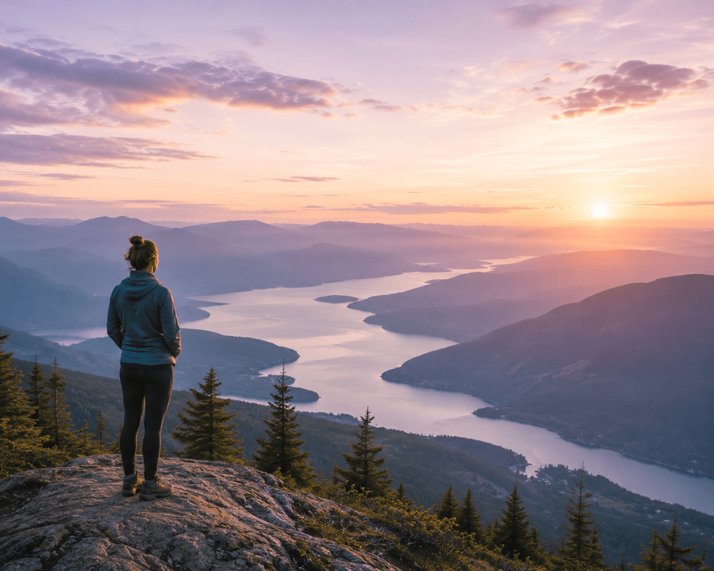 A woman overlooking a river from atop a mountain