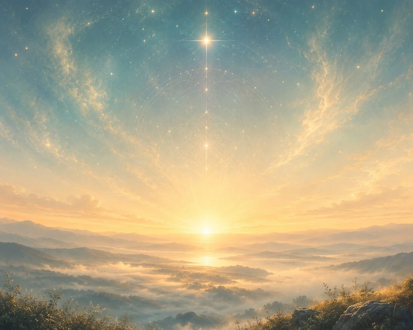 Celestial sunrise over misty valleys