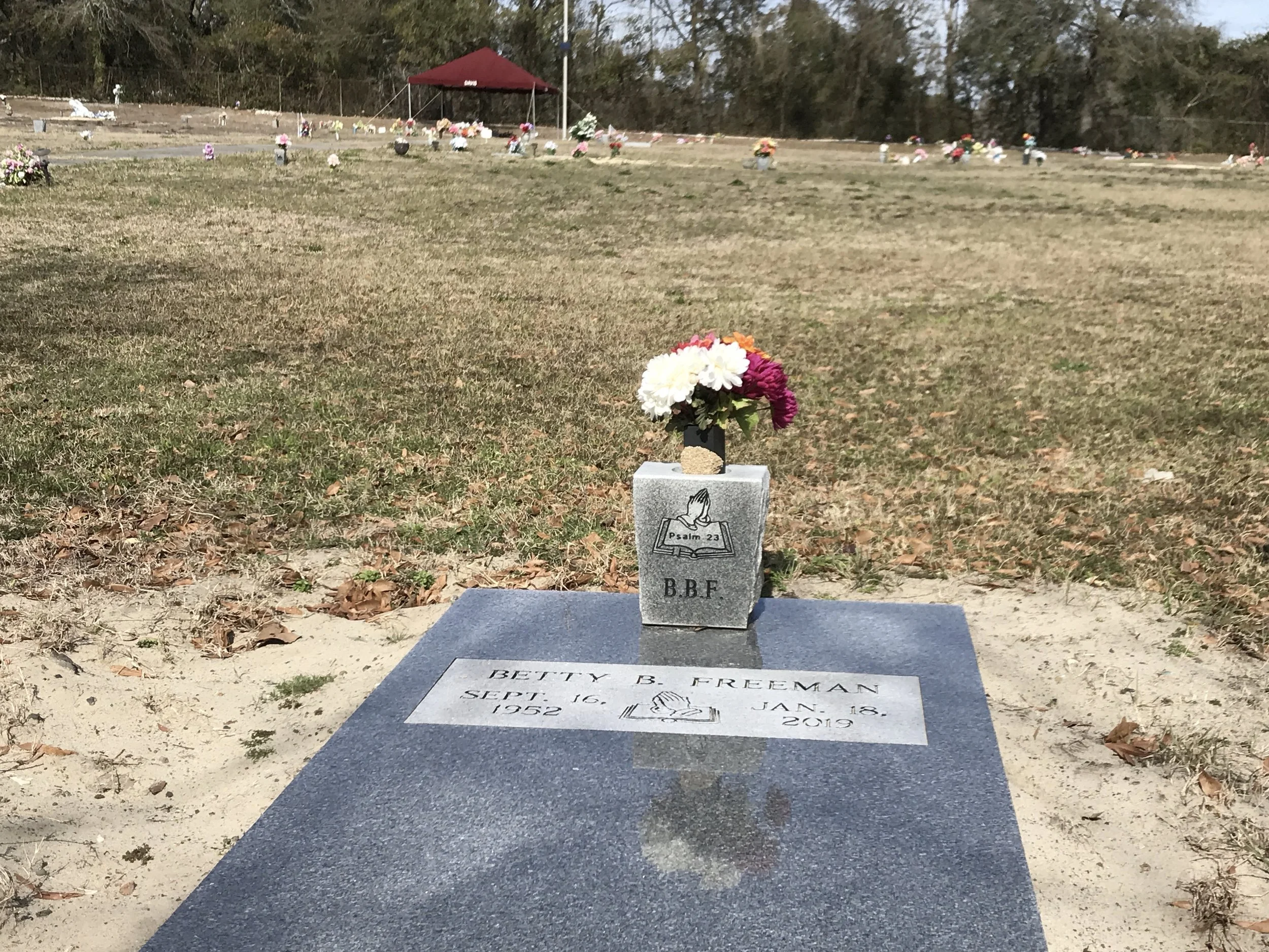 Grave marker with flowers for Betty B. Freeman in a cemetery with other headstones and a red canopy in the background.