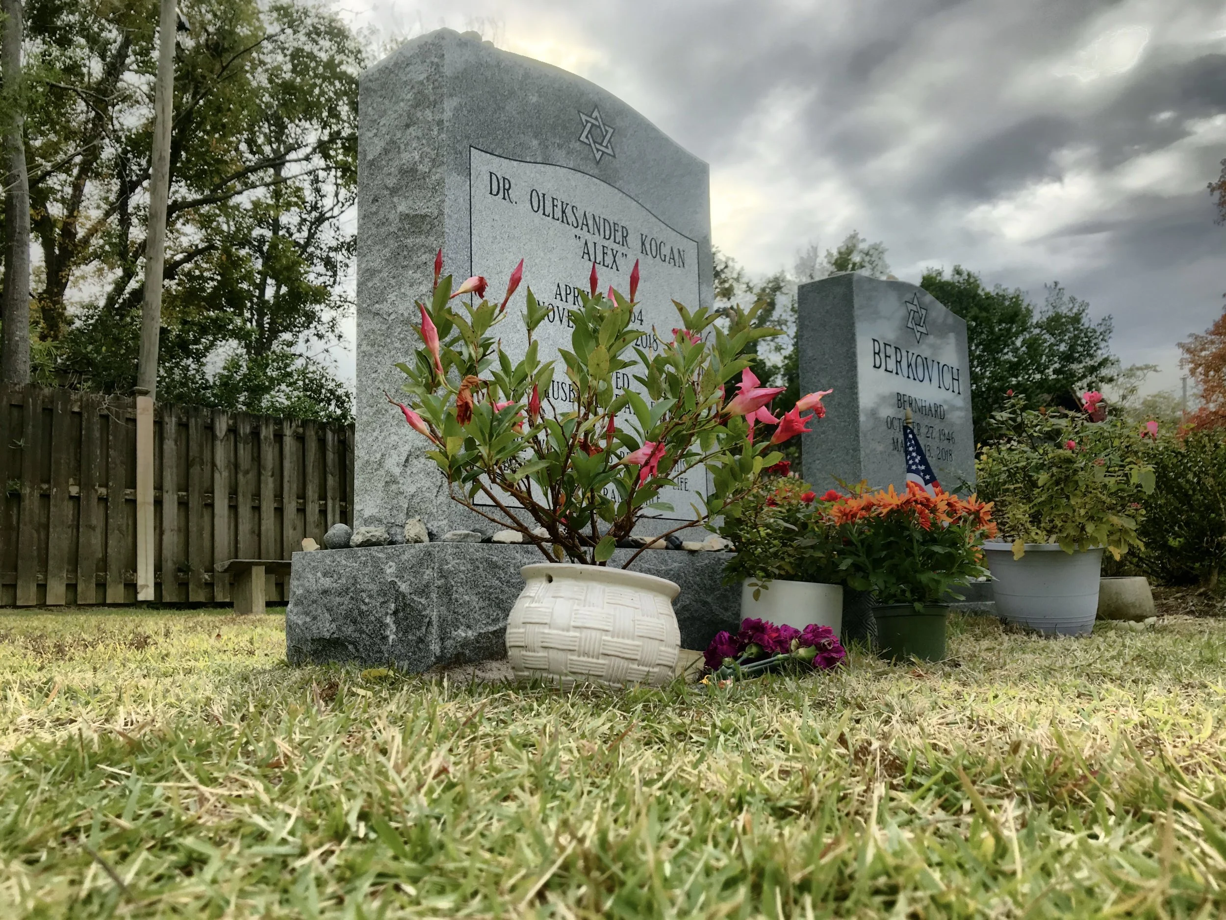 Gravestones in a cemetery, one marked with the name Dr. Oleksander Kogan and the other with the name Berkovich, surrounded by flowers, plants, and a wooden fence under a cloudy sky.