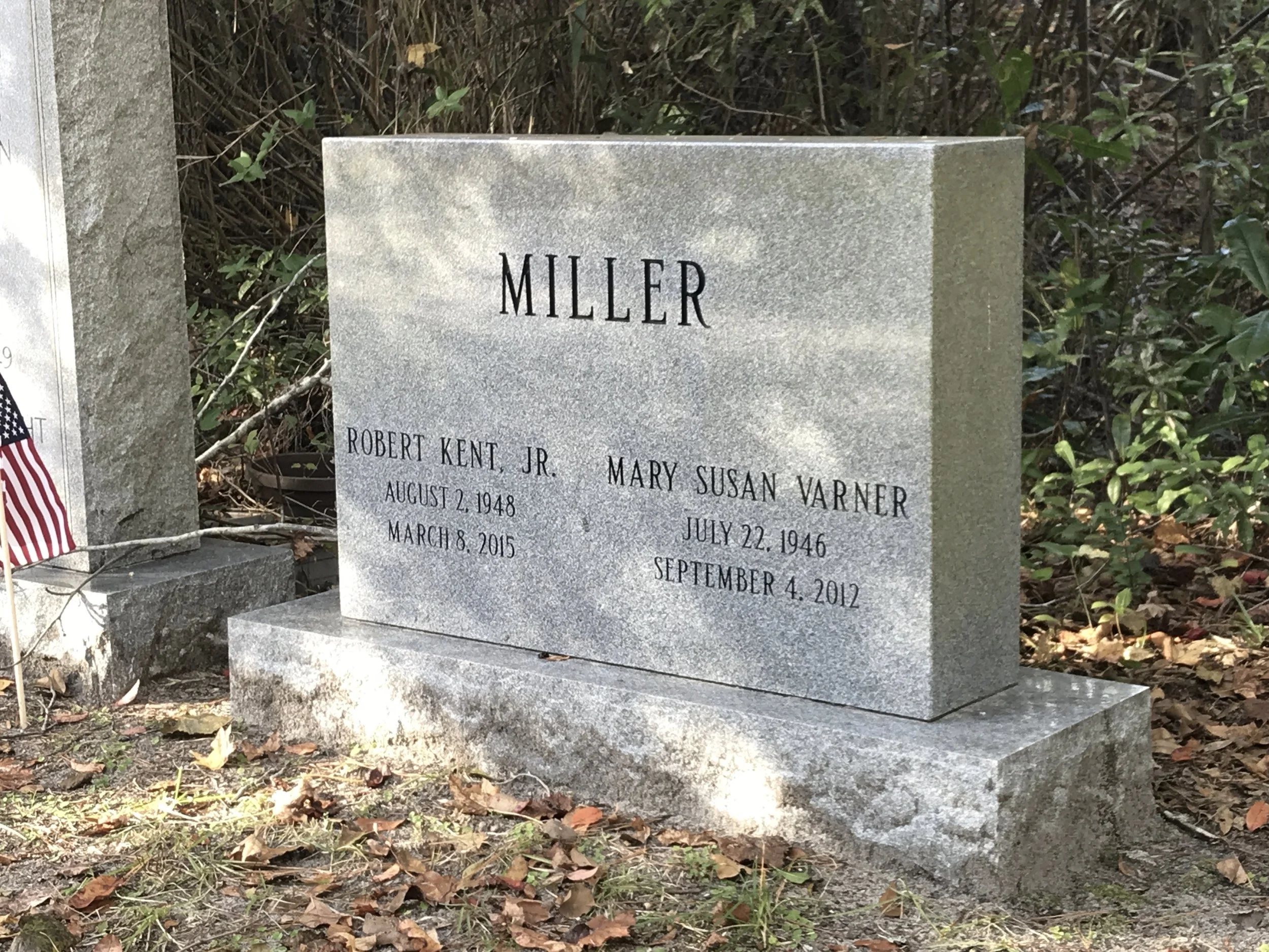 Gray granite tombstone inscribed with the name Miller, with additional names and dates, surrounded by fallen leaves and overgrown bushes in a cemetery.