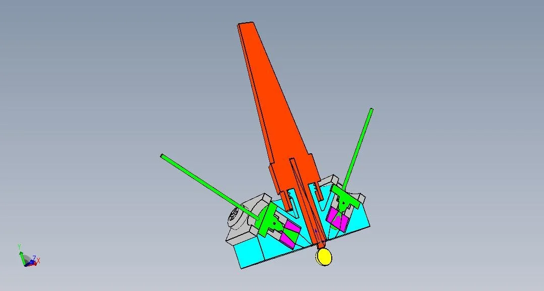 3D CAD model of a mechanical assembly with colored parts, including a vertical orange component, green support structures, and other colored elements, viewed from an angle.