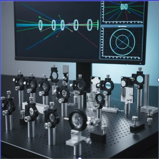Laboratory setup with optical components and a computer monitor displaying laser beam diagrams and graphical data.