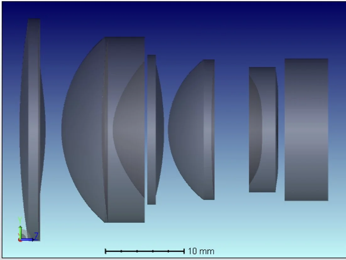 Diagram of a camera lens with multiple lens elements shown in a side view against a blue background.