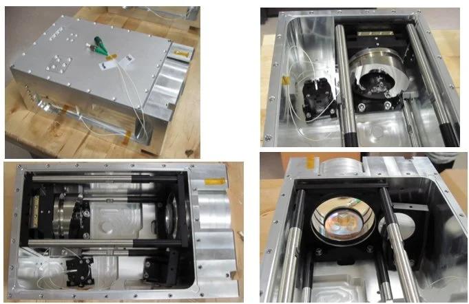 A collage of four photos showing different angles of a piece of scientific or industrial equipment with metal components, tubes, and rollers, placed on a wooden surface.