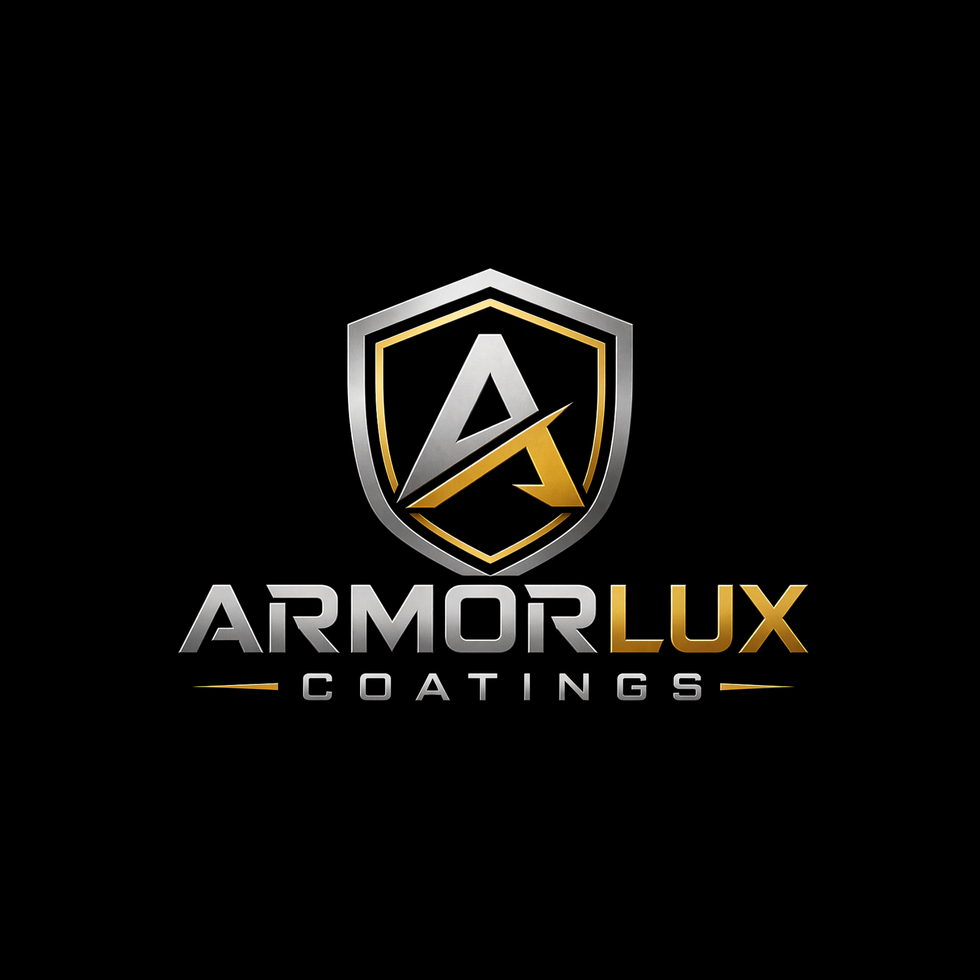 Black background with silver and gold logo of ArmorLux Coatings featuring a shield with an A and a lightning bolt, and the text ArmorLux Coatings beneath.