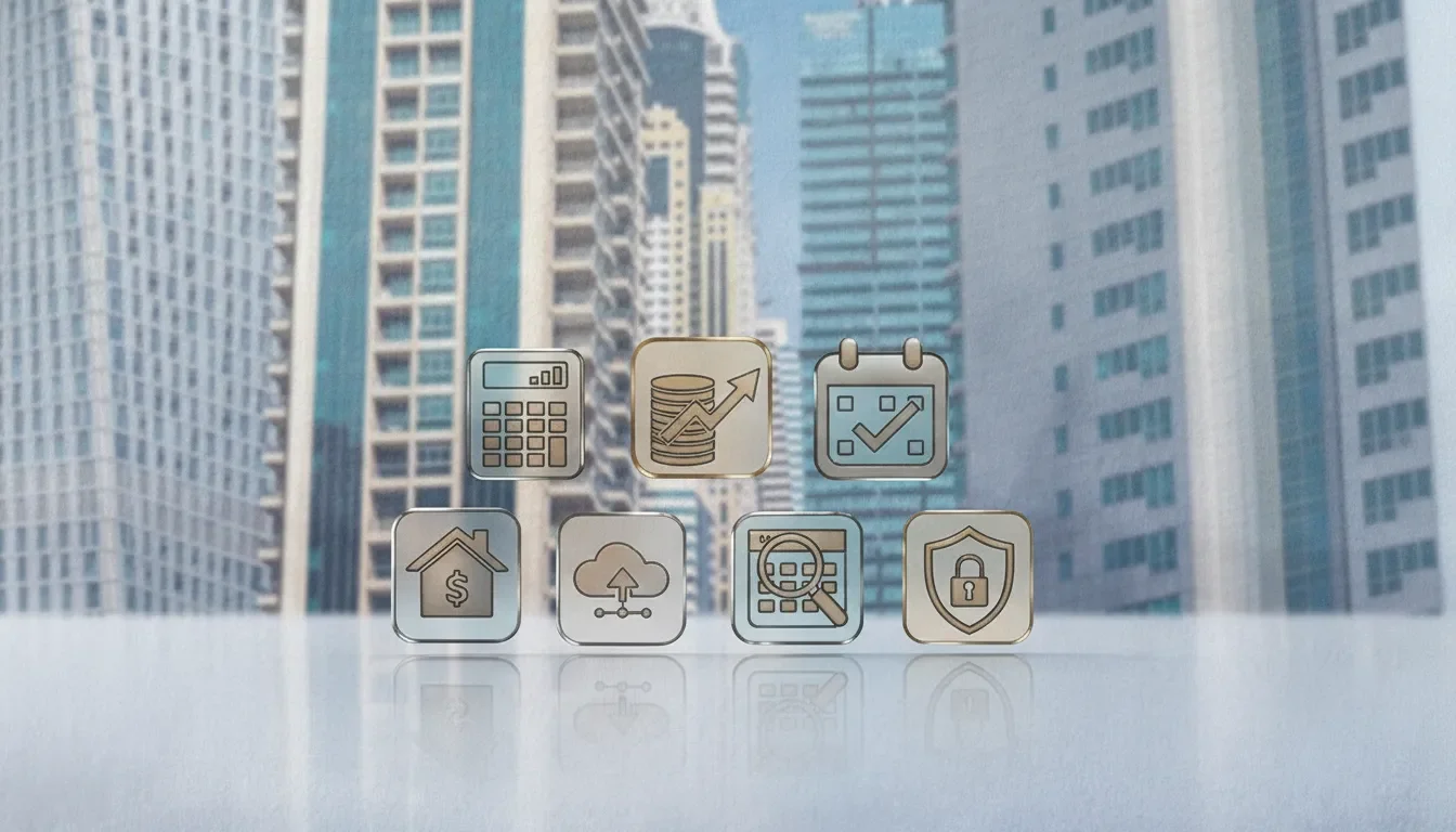 Property management accounting services icons with city buildings, finance, security, and reporting features.