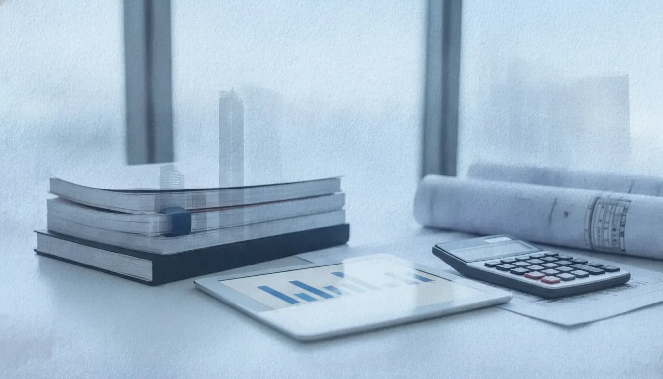 Property management accounting books, financial charts, calculator, and blueprints on an office desk.