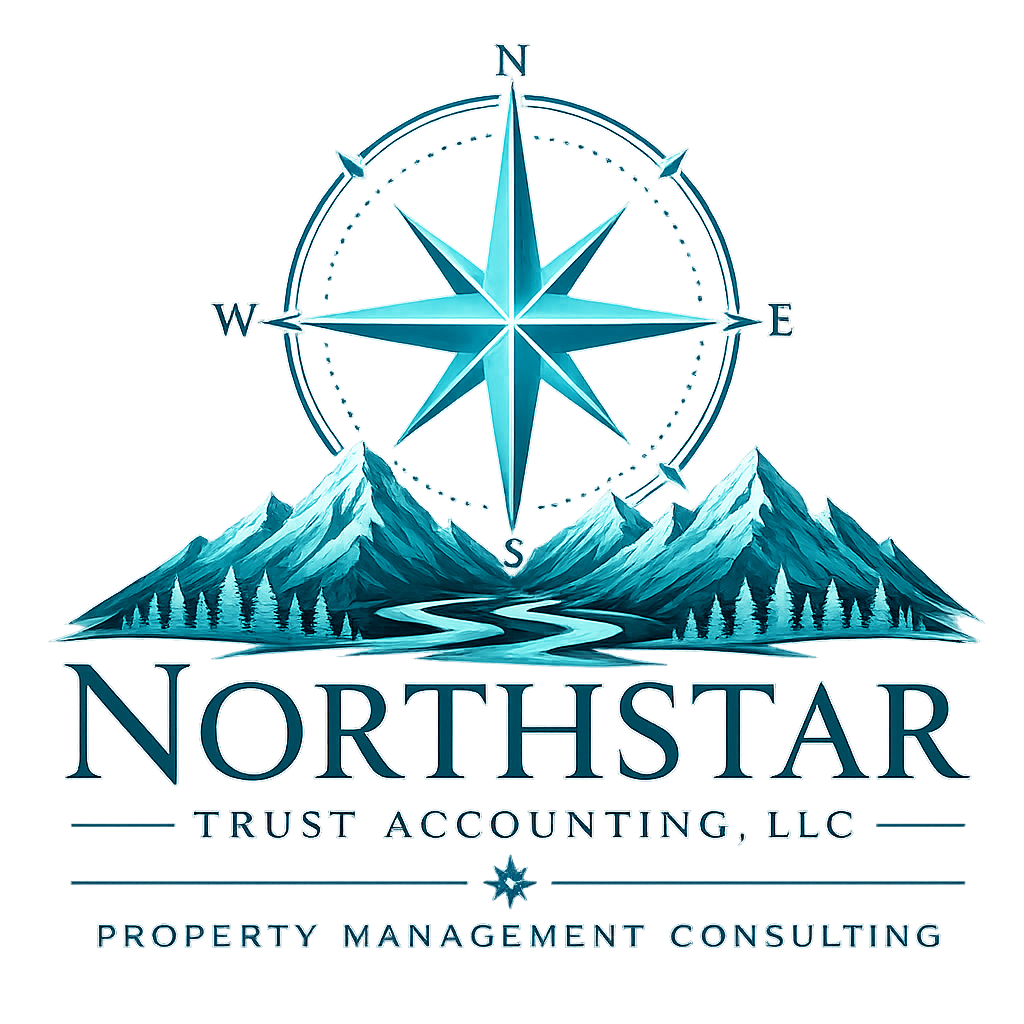 Logo for Northstar Trust Accounting, LLC featuring a mountain range, a river, a compass with North at the top, and the company name with additional text about property management consulting.