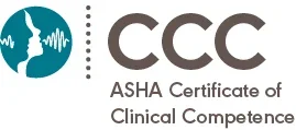 Logo for CCC ASHA Certificate of Clinical Competence with icon of two human figures and sound waves for a pediatric speech language pathologist providing speech, language, and literacy services.