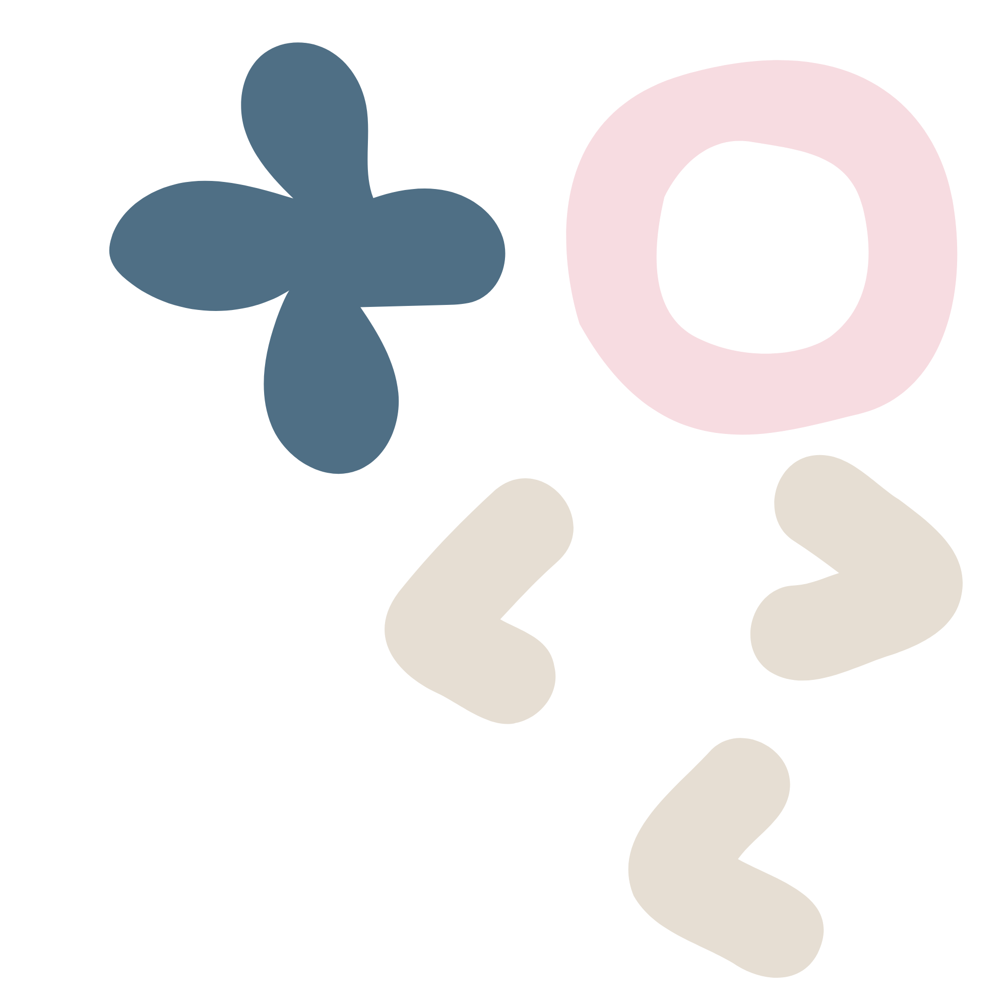 A minimalist illustration with a blue flower on the left and a large pink letter 'O' on the right, against a black background.