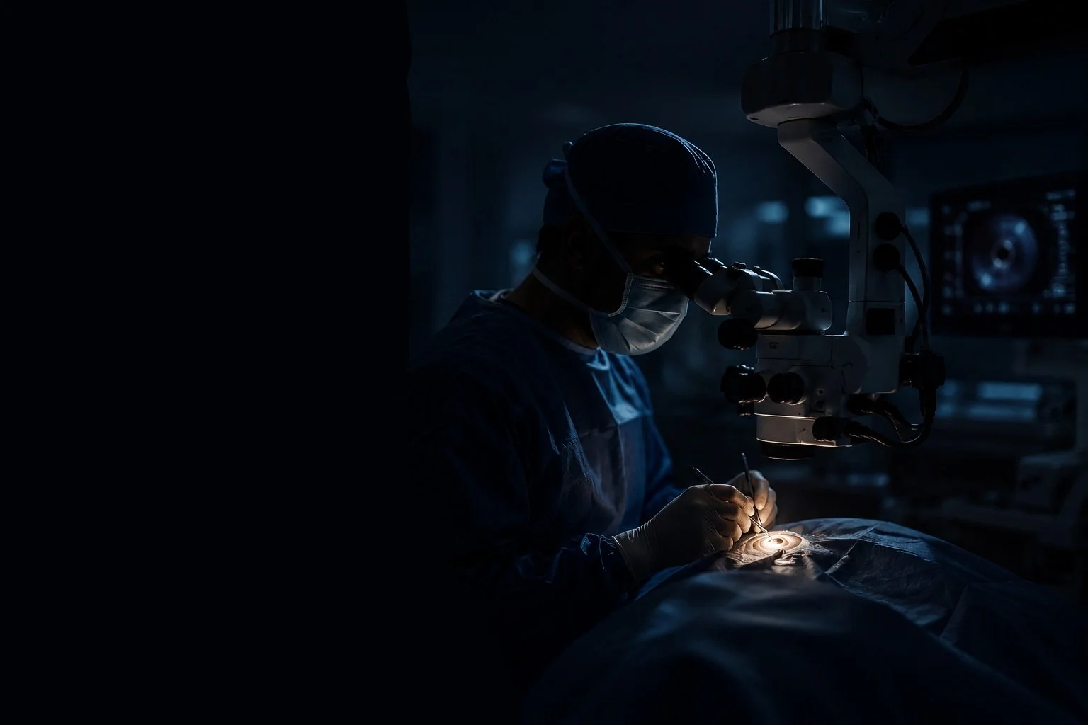 Surgeon performing surgery with a microscope in a dark operating room, wearing a face mask and surgical cap
