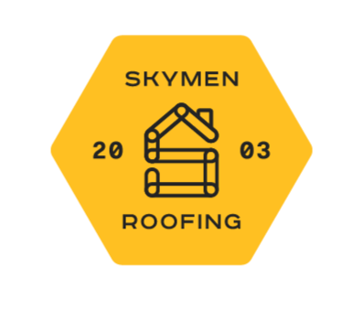 Yellow hexagon logo with black text reading "SKYMEN ROOFING" and the year "2003". A black line drawing of a roof is in the center of the logo.