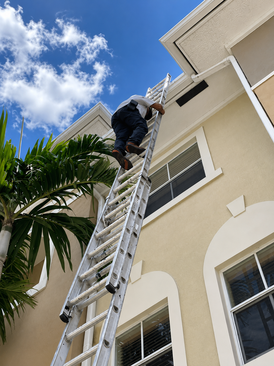 A man in work clothes climbing a tall aluminum ladder against the exterior of a beige house with white trim, reaching the roof.