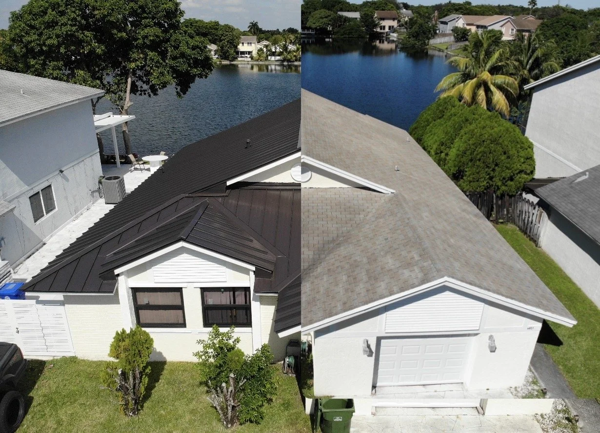 Side-by-side aerial images of two houses with lakes in the background, showcasing different roofing styles and colors.