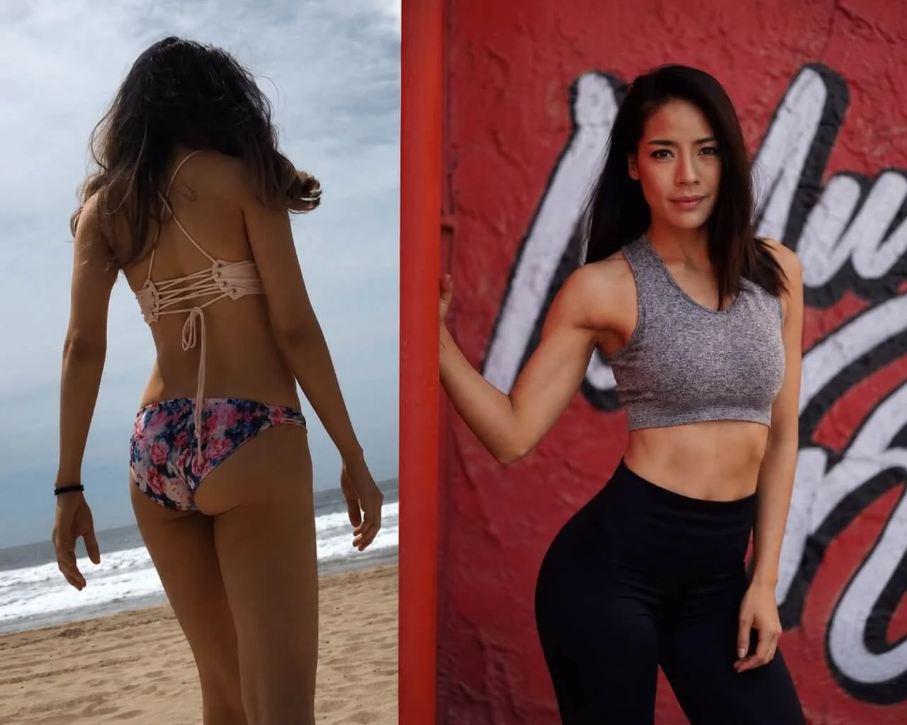A woman at the beach wearing a beige bikini top and floral bikini bottoms with her back to the camera, and another woman standing against a red wall with a graffiti background wearing a gray sports bra and black pants, looking at the camera.