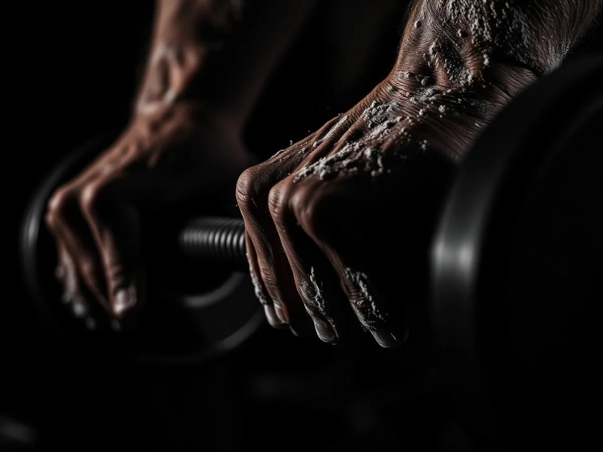 Close-up of a person's hand gripping a dumbbell in a dark setting.