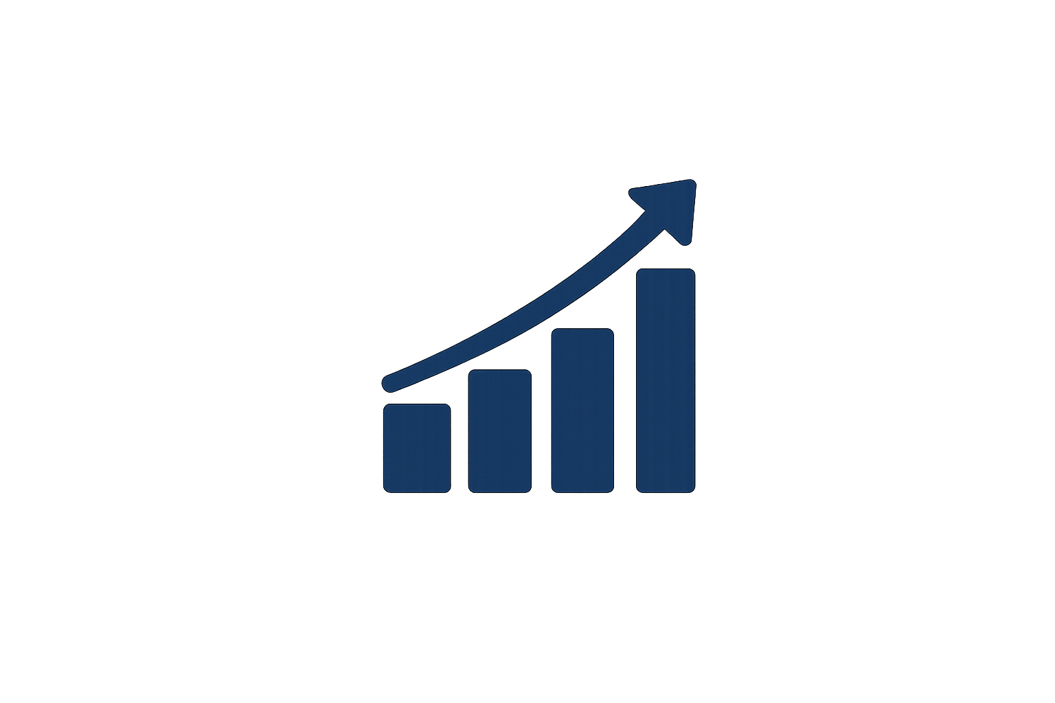 A bar chart with four vertical bars increasing in height from left to right, and an arrow pointing upward above the bars, representing growth or progress.