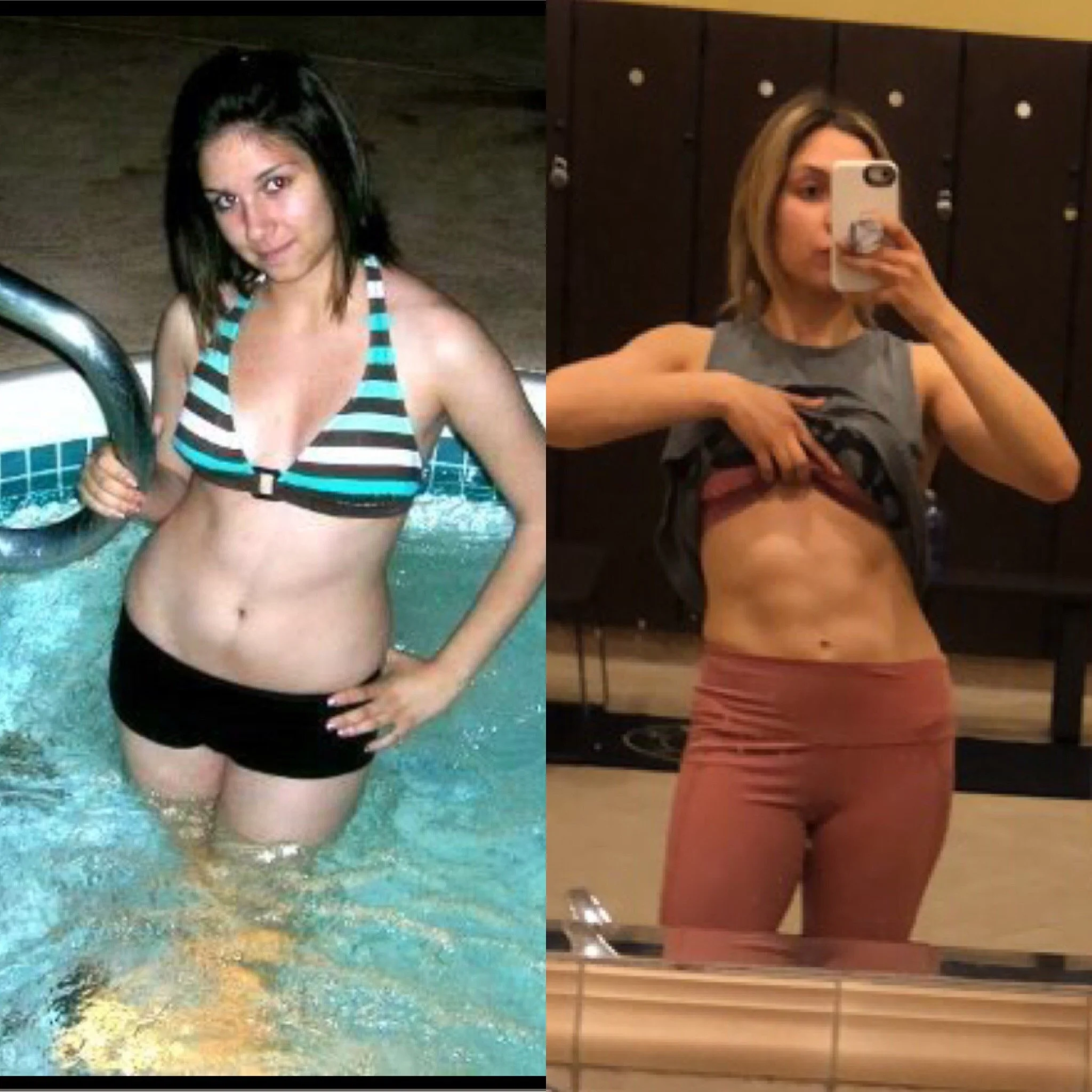 Side-by-side comparison of a woman in a swimming pool and a woman taking a mirror selfie in a locker room.