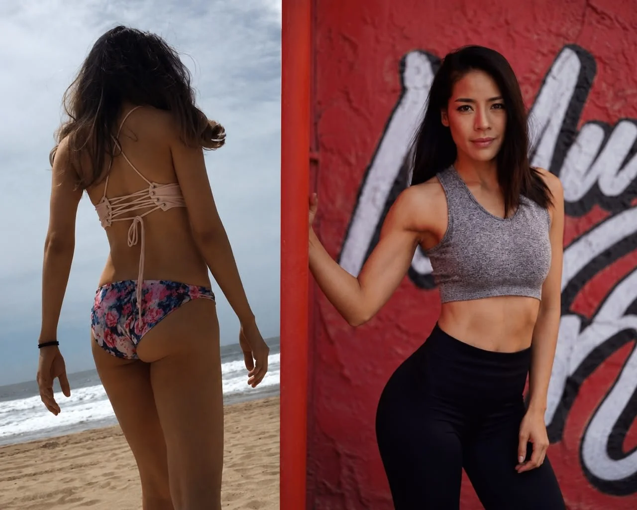 A woman at the beach wearing a beige bikini top and floral bikini bottoms with her back to the camera, and another woman standing against a red wall with a graffiti background wearing a gray sports bra and black pants, looking at the camera.