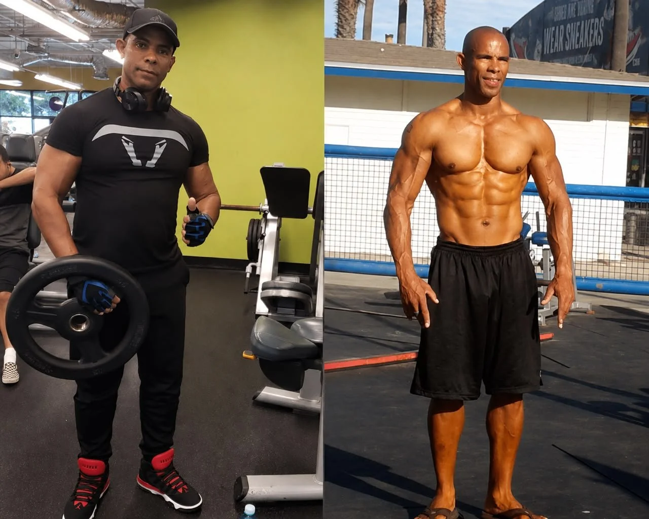 Side-by-side photos of two men, one in a gym holding a weight plate and the other outdoors showing muscular physique.
