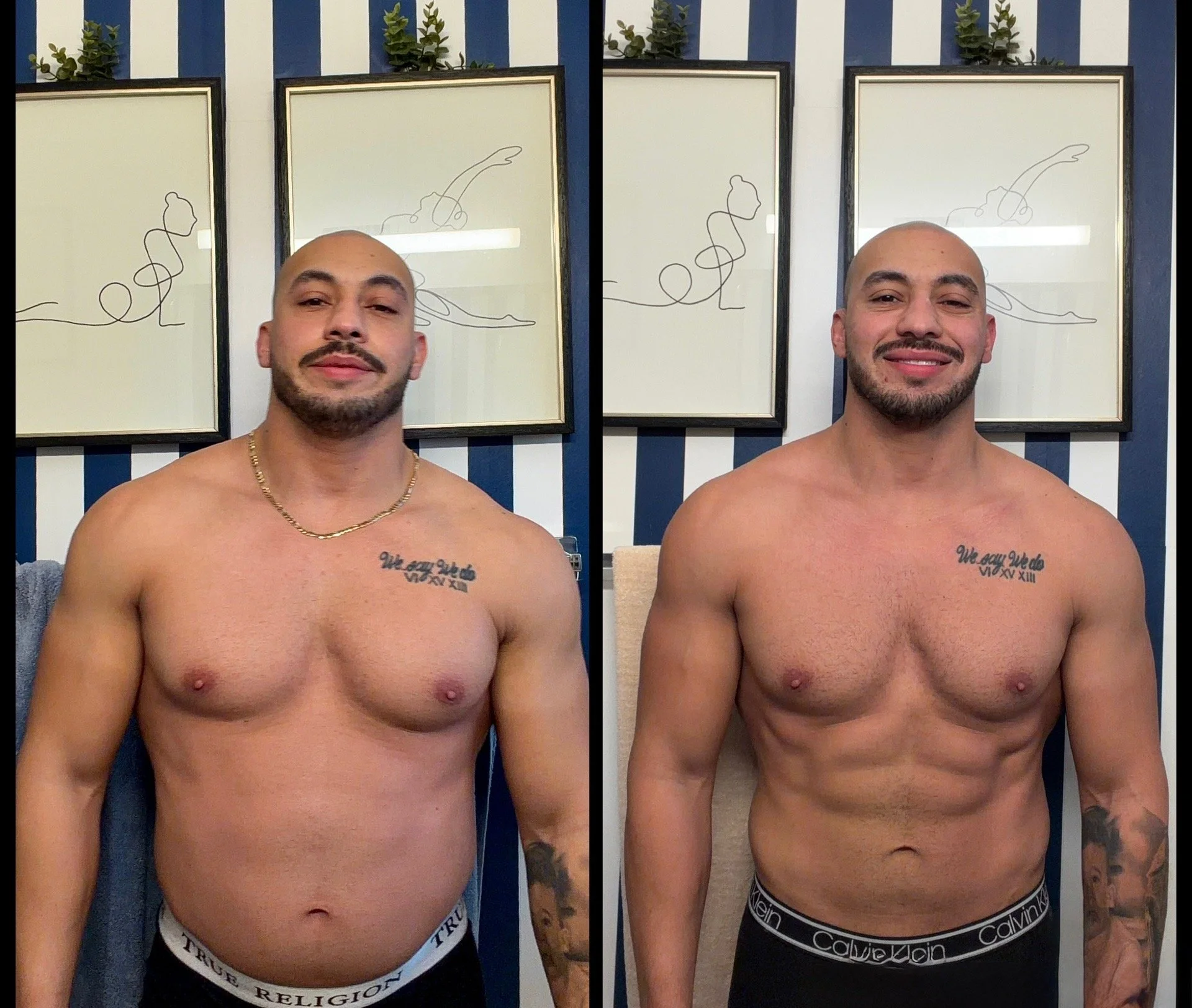 A side-by-side comparison of a shirtless man before and after body transformation, standing in front of a wall with framed artwork and plants. In the before image, he has a fuller physique; in the after image, he has a more muscular and toned body, smiling in the second photo.