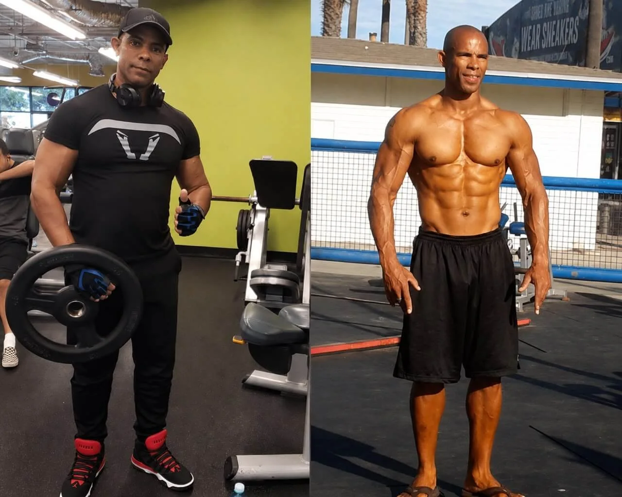 Side-by-side photos of two men, one in a gym holding a weight plate and the other outdoors showing muscular physique.