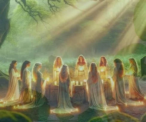 Digital illustration of twelve women with long hair in flowing dresses forming a circle around a central altar, glowing with candles, set in a lush forest with sunlight streaming through trees.