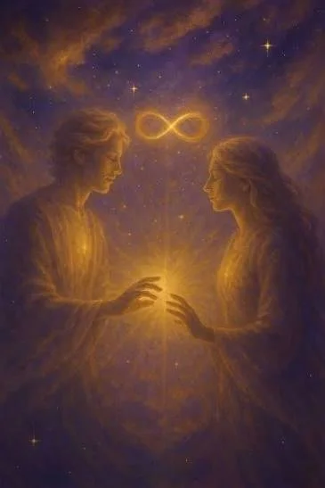 A digital painting of a man and woman facing each other with their hands near a glowing source between them, surrounded by a starry night sky and an infinity symbol in the clouds above.