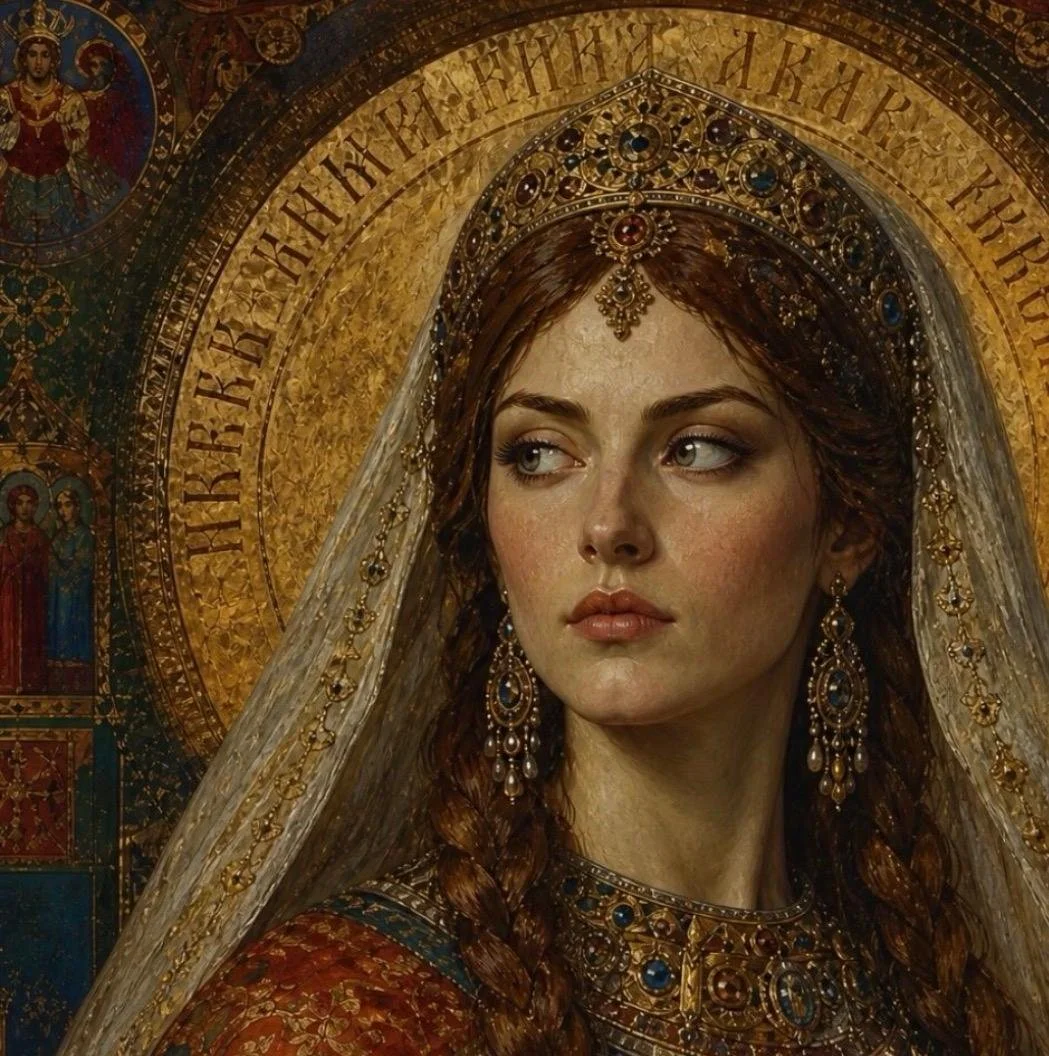 A realistic painting of a woman with braided red hair, wearing elaborate gold jewelry and a richly embroidered red dress. She has a sheer veil over her head and appears regal, set against a golden halo with Greek or Cyrillic script and religious icons in the background.