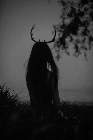 Silhouette of a person with deer antlers standing near water at dusk or dawn.