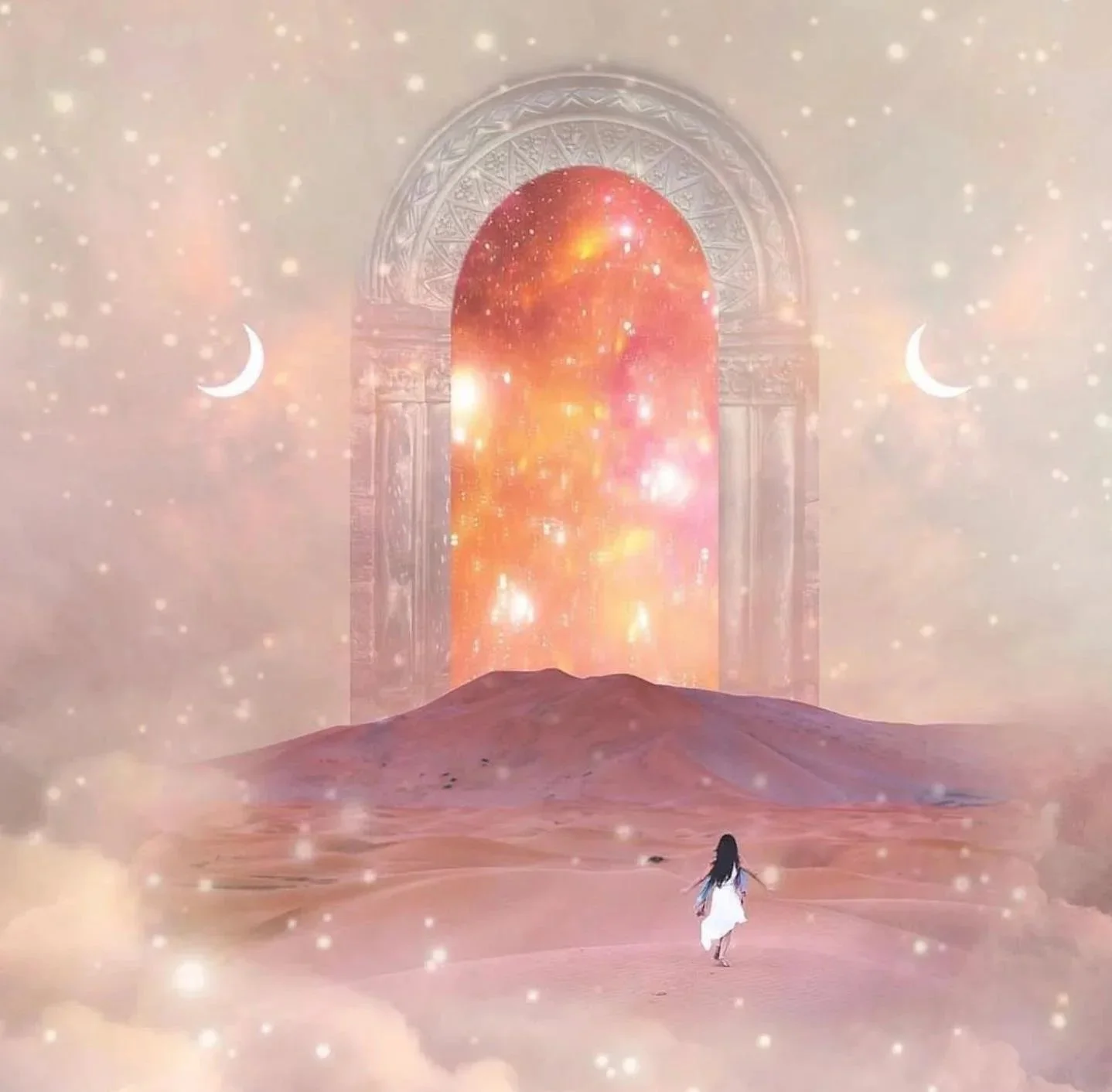 A woman in a white dress walking through a dreamy desert landscape towards a large glowing orange and pink portal with an archway, surrounded by stars, moons, and a misty atmosphere.
