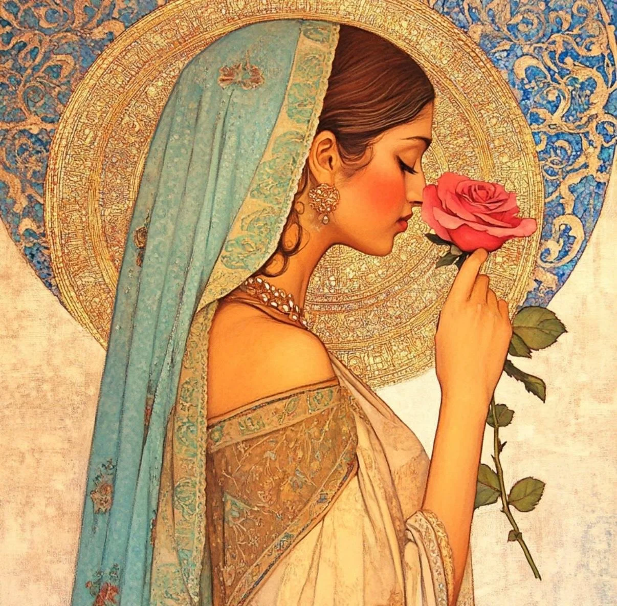 An artistic illustration of a woman with her eyes closed, wearing elaborate earrings and jewelry, holding a pink rose close to her face. She is draped in traditional clothing with a blue shawl, and a large ornate circular pattern with gold details surrounds her head.